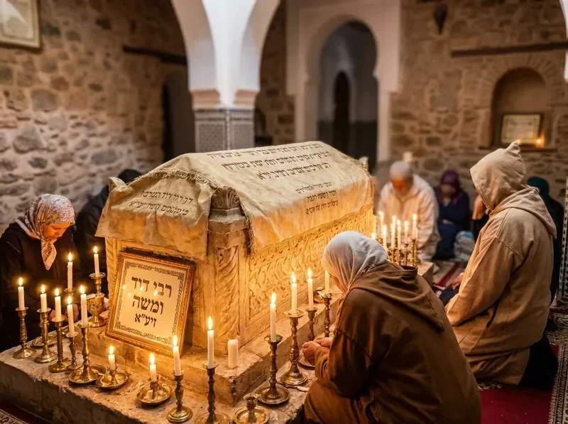 ציון רבי דוד ומשה זיע״א — עולי רגל מתפללים ליד הקבר הקדוש